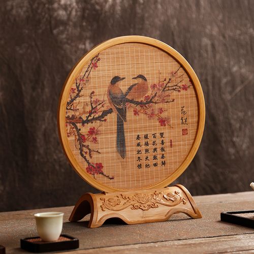 竹制仿古桌面小屏风 圆形中国风中式摆件台屏 茶室书桌特色工艺品