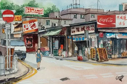香港24节气爱情故事水彩插画香港街道部分