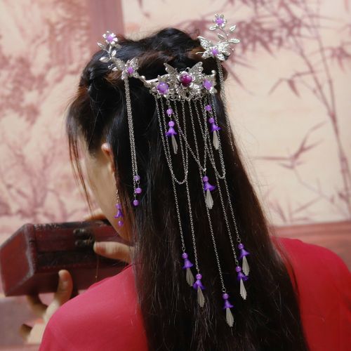 古典汉服步摇流苏发夹发簪发饰古装复古古代头饰套装 紫色一套 送精美
