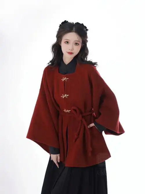 无贰集|年年 冬新年方领对襟双面呢大衣 半袖红色短外套改良汉服