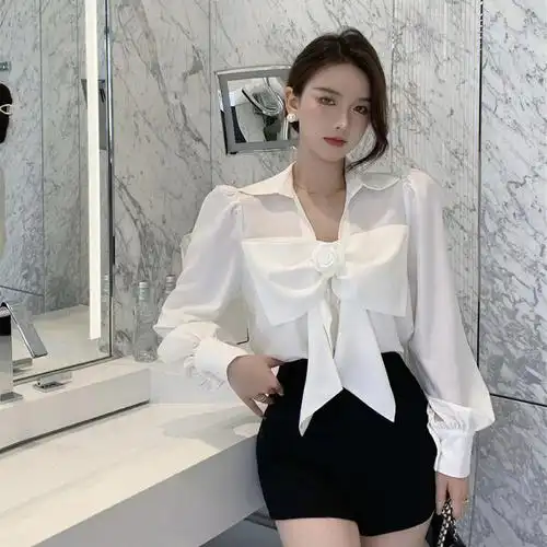 白色衬衫女法式蝴蝶结山茶花长袖衬衣早秋小