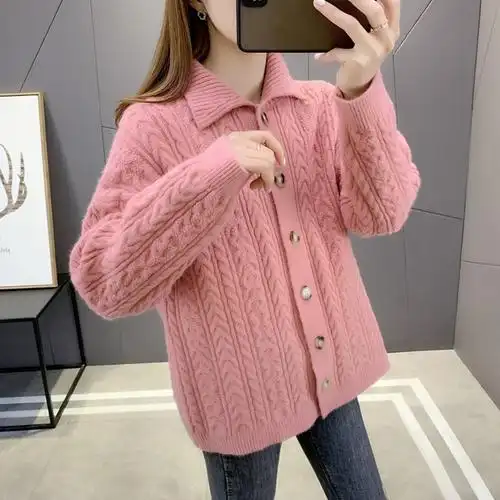 复古麻花毛衣女宽松慵懒开衫秋冬外穿翻领粗毛线针织外套