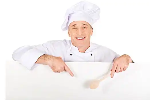 厨师,白人,制服,拿着,空,旗帜