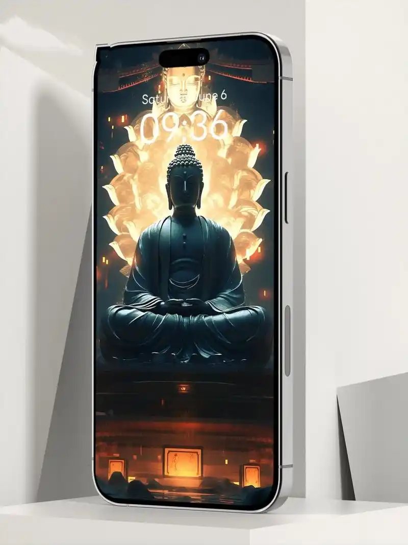 高清佛像手机壁纸分享 08 94 这款壁纸展现了一尊笑容可掬的佛像