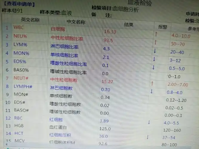 血常规结果:显示白细胞升高.
