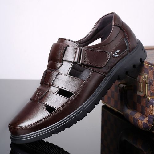 高品质夏季中年男士休闲头层牛皮镂空透气凉皮鞋男式真皮凉鞋男