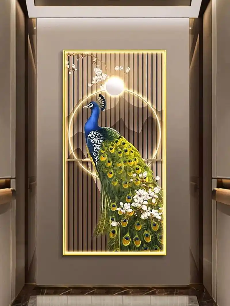 孔雀新中式玄关挂画正对门走廊尽头寓意好装饰画发光高档入户壁画