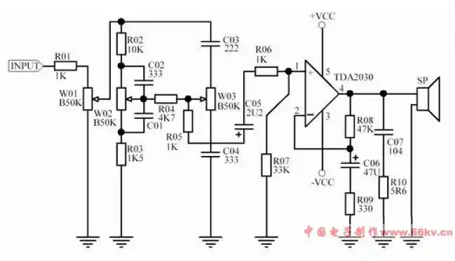 tda2030a 功放板由一个高低音分别控制的衰减式音调