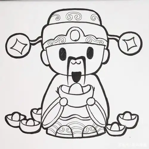 简笔画财神老爷爷手抱元宝的财神爷老爷爷