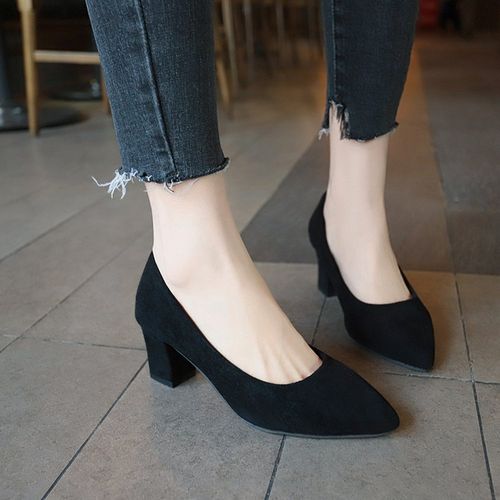 三公分高跟鞋女粗跟黑色绒面职业正装面试尖头中跟5-7cm工作单鞋