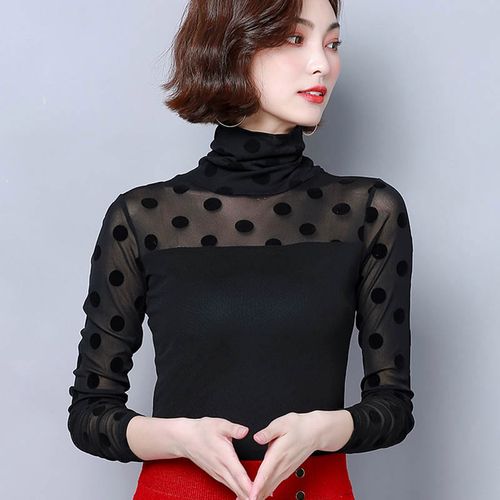 透视网纱打底衫女长袖秋冬高领内搭黑色透明性感镂空大码蕾丝上衣