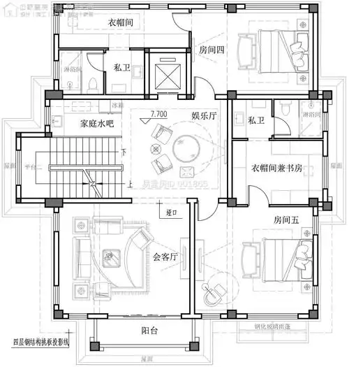 别墅△一层平面图(左侧为北) 一层以待客休闲功能为主,设计师根据业主