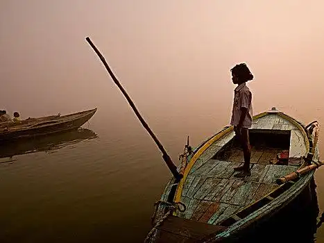 恒河,瓦腊纳西,印度,女孩,站立,船,河