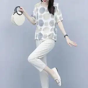 时尚棉麻套装女士2023新款气质夏装两件套休闲妈妈装时髦显瘦女装