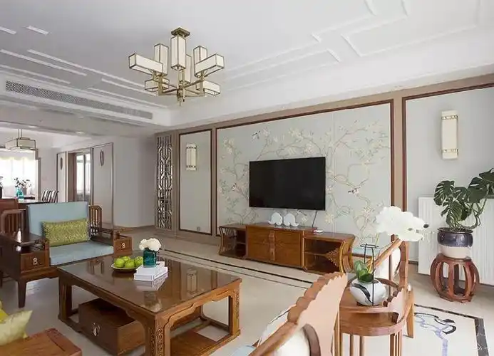 160㎡新中式·静谧简约客厅电视背景墙中式现代客厅设计图片赏析