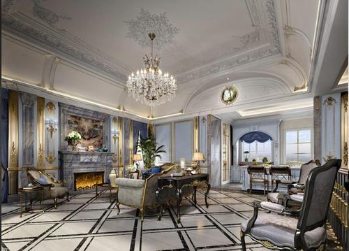 别墅欧式风格室内装修设计效果图 吊灯窗帘窗纱墙布墙纸软装配饰