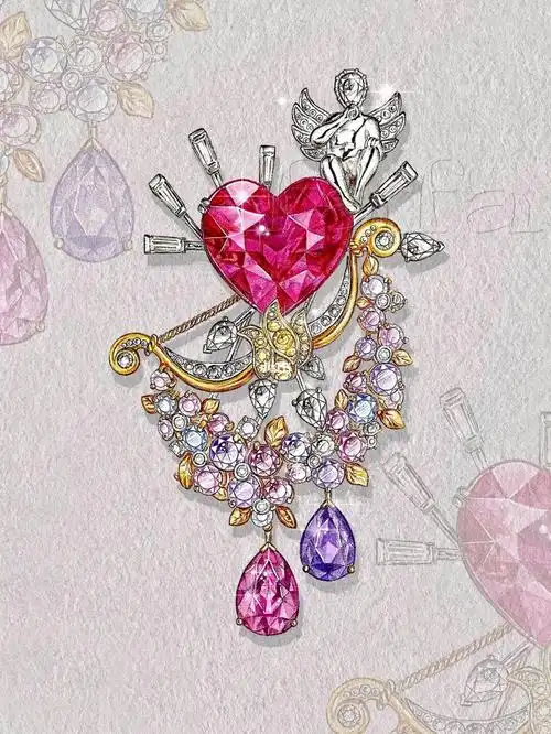 高级珠宝首饰彩铅写生材质:白金,黄金主石:心形切割红碧玺,粉色蓝宝石