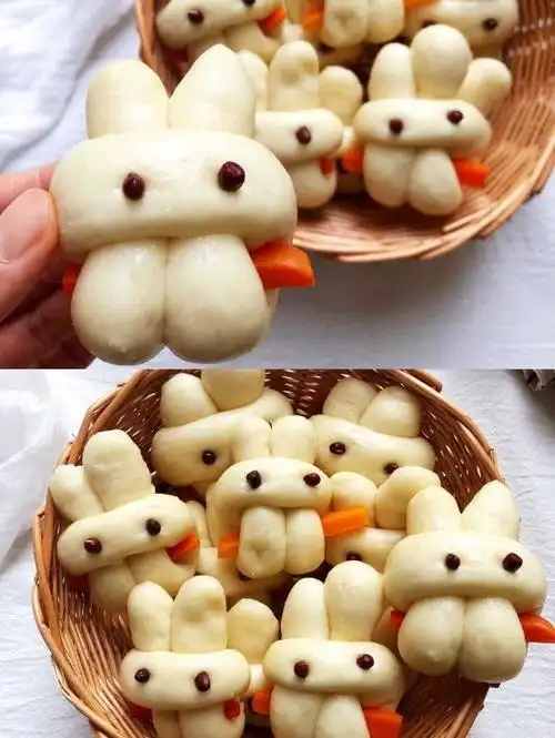 12种小动物馒头的做法之卡通的兔子馒头儿子也跟着学,挺有意义的!