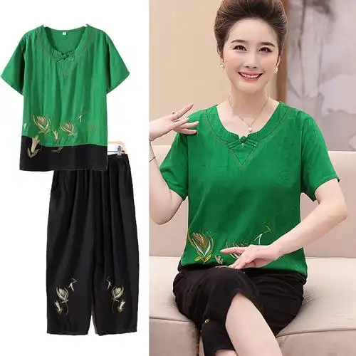 中老年人女装夏装棉麻套装妈妈装短袖上衣服装老人奶奶装5060岁