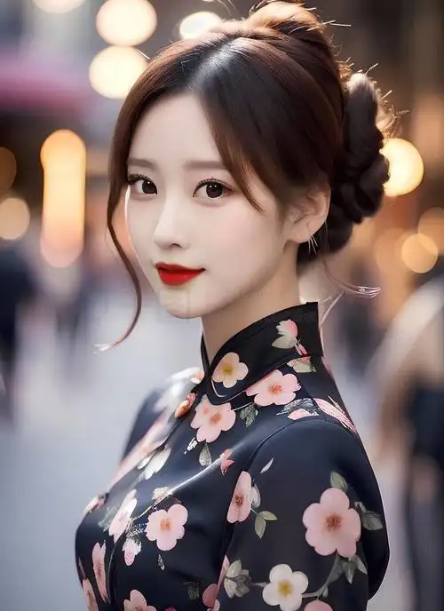 半身照数字艺术_身穿银灰色旗袍少女半身照特写_ai人像免费下载_png