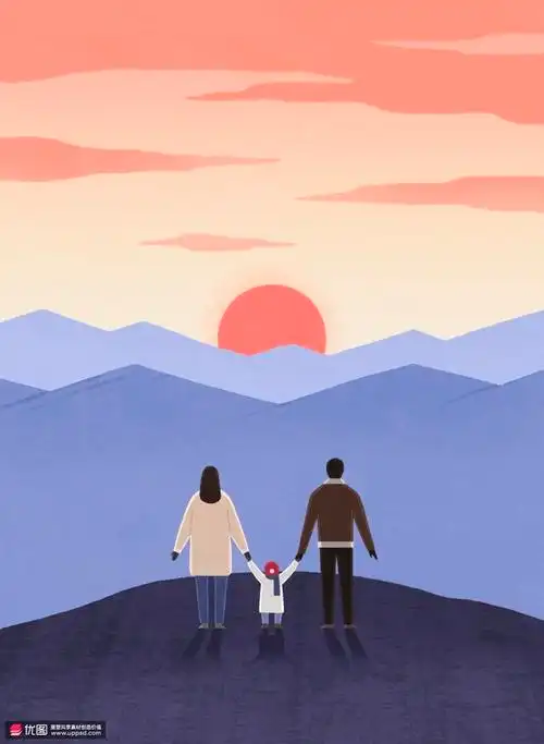 山峦起伏旭日东升一家三口看日出情侣插画人物插画情侣插画