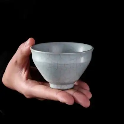 言艺 高端汝窑茶杯汝瓷蝉翼纹金丝开片陶瓷茶具 祥越汝窑品茗杯