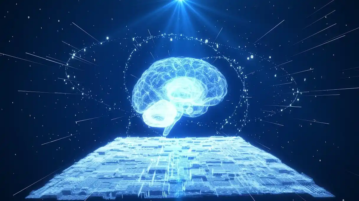 4k蓝色粒子大脑旋转人工智能背景科技大脑背景