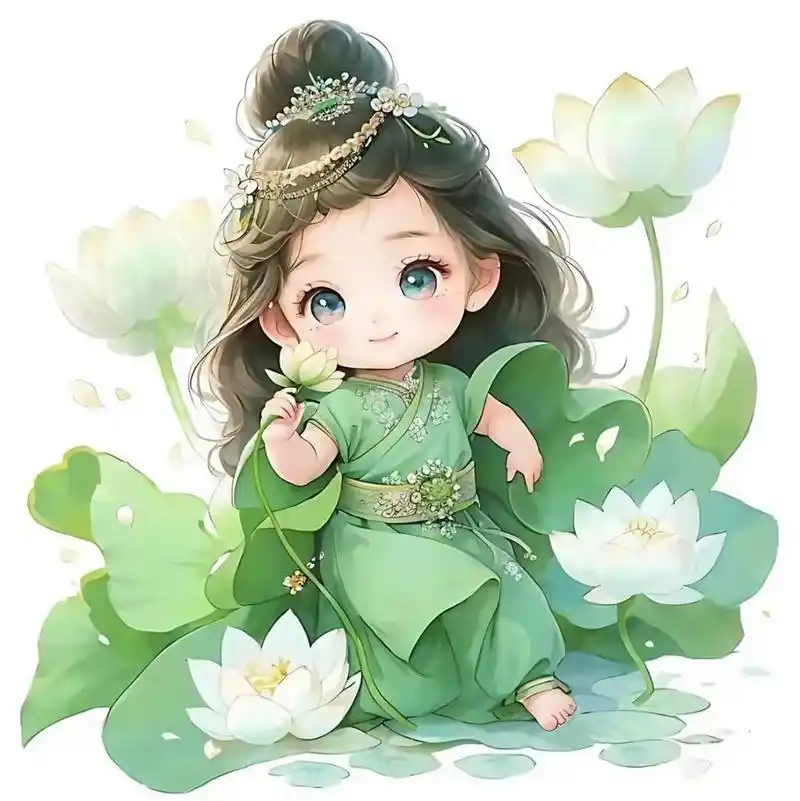 "插画中的小女孩,身穿翠绿的古装,手持一朵盛开的白莲,背景是一片浅绿
