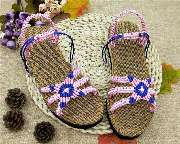 夏季手工编织坡跟凉鞋中国结5线高跟亚麻底凉拖鞋视频材料包成品蝶恋