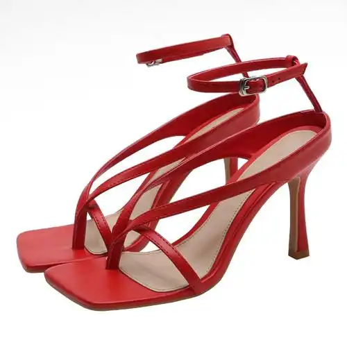 林先森bv2021年新款凉鞋女夏季一字带高跟鞋中细跟方头白色夹趾性感