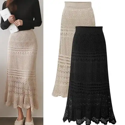 半身裙女春夏新款百搭显瘦洋气钩花镂空中长款针织半身裙包臀长裙