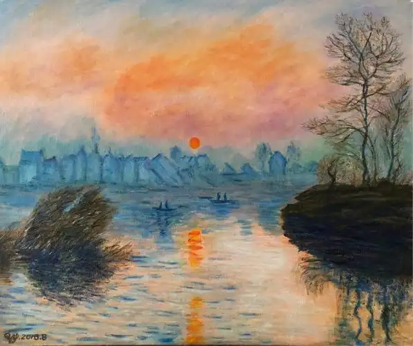 其它 我的油画2018 写美篇二年后再次临摹monet的这幅塞纳河日落,对画