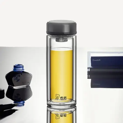 希诺玻璃杯双层隔热透明带盖heenoor品牌水杯男士玻璃杯