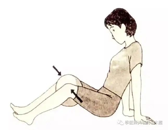 仰卧,双侧屈膝90度,膝盖成直角弯曲,中间夹一小皮球,向内挤压,保持5秒