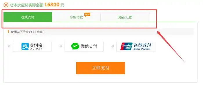 第三步:在支付页面,选择合适的付款方式完成支付!