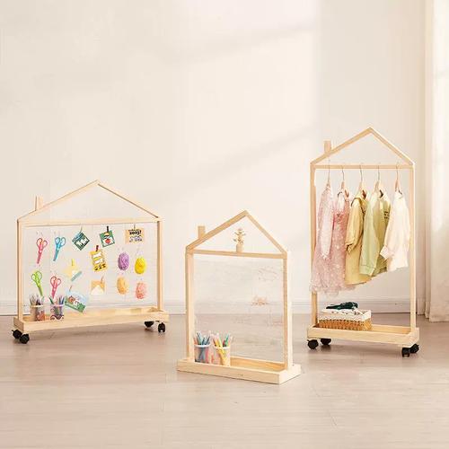 儿童衣架落地移动衣帽架木质小房子挂衣架幼儿园手工diy展示架子