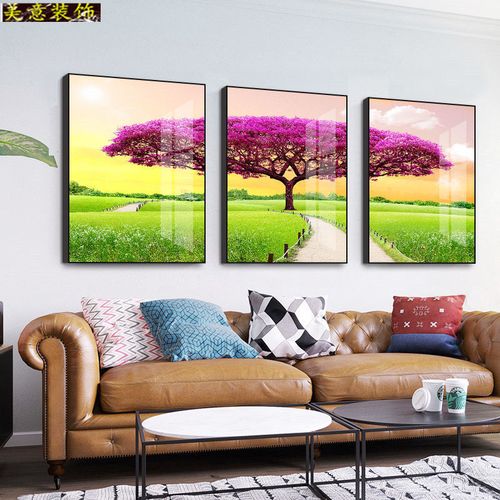 客厅风景装饰画现代简约沙发背景墙画三联画冰晶玻璃画幸福树