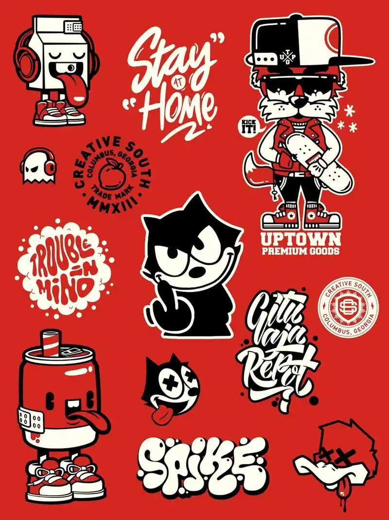 美式复古系列街头涂鸦风潮流插画红狐狸滑板