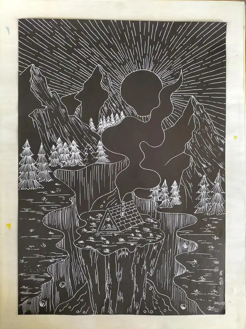 线描画高光笔黑卡纸风景画.#一起学画画 #绘画 #画画的ba - 抖音