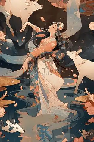 神女溪图片素材_国潮敦煌飞天神女中国风插画