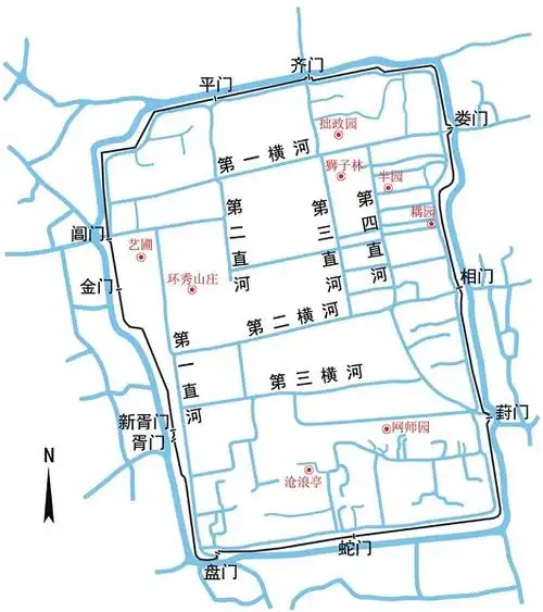 苏州古城内部分古典园林分布图(根据参考文献[9]绘制)