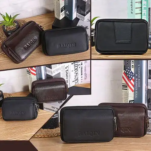 真皮手机包男腰包多功能新款工地工作横款50寸65寸穿皮带牛皮包h黒色