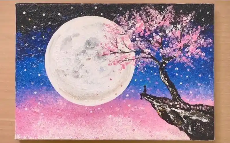 丙烯画月光下的樱花树