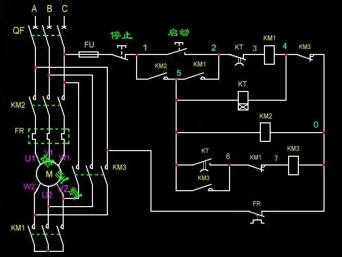 求三相异步电动机,星形接法启动,三角形接法运行,原理图和实物图最好