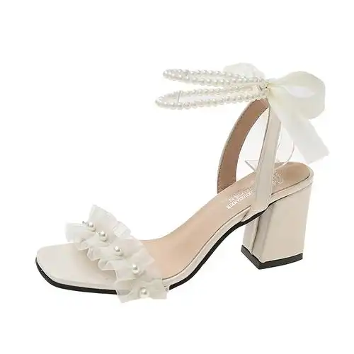 卓诗尼凉鞋女仙女风法式小众设计感蝴蝶结绑带一字带珍珠高跟鞋女