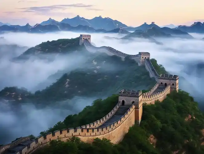 清晨云雾缭绕的雄伟长城连绵起伏的山脉中国著名景点旅行山河辽阔图