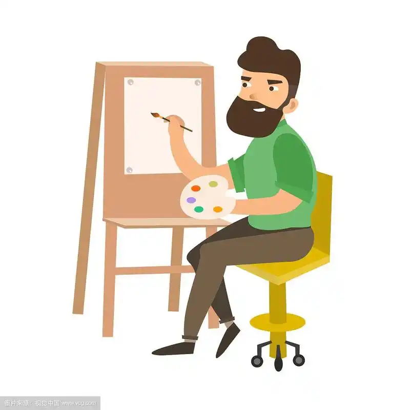 画家在工作画架调色板