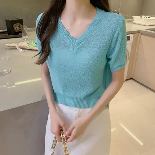 实拍实价v领短款毛衣短袖针织衫女夏季新款辣妹ins显瘦收腰上衣