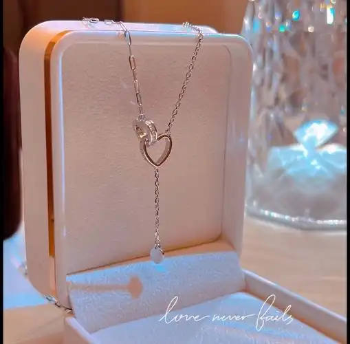 新款双环爱心流苏项链心心相