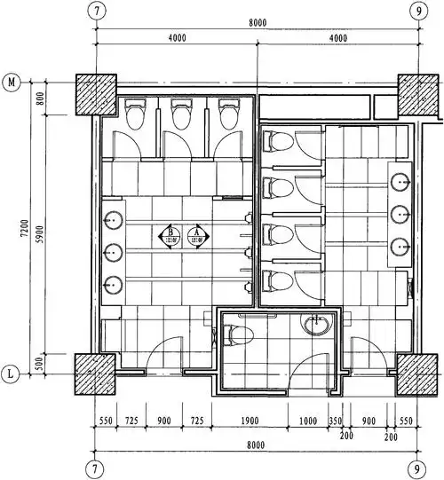 一层公共卫生间平面布置图 1:75